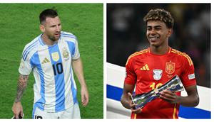 Pemain Argentina, Lionel Messi (kiri), dan pemain Spanyol, Lamine Yamal (kanan). (AFP)