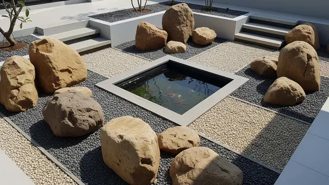 Ide Taman Batu Kering dengan Kolam Ikan Kecil di Teras Rumah/AI Generated