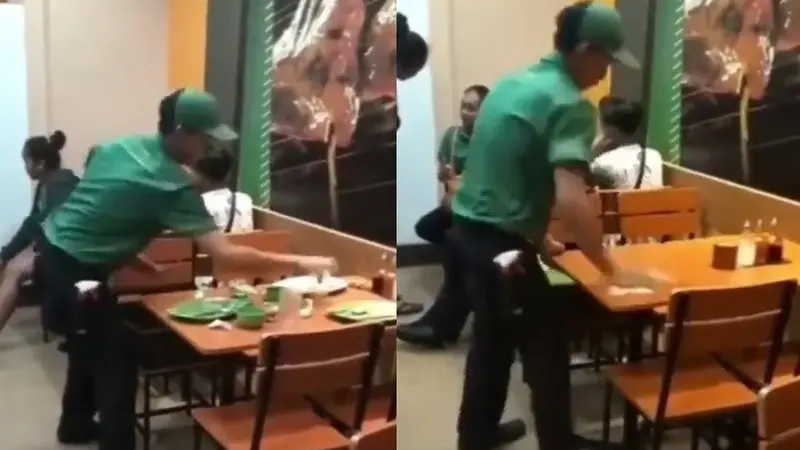 aksi karyawan resto bersihkan meja viral