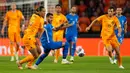 Belanda tampil perkasa pada lanjutan Kualifikasi Euro 2024. De Oranje menang telak tiga gol tanpa balas ketika menghadapi tamunya, Yunani. (AP Photo/Peter Dejong)