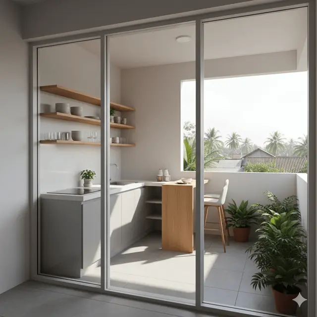 Inspirasi Dapur Kecil di Balkon Rumah Kos Sederhana. Gemini