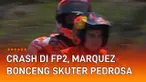 Momen unik terekam kamera saat latihan bebas ke-2 MotoGP Spanyol (29/4/2022). Marc Marquez membonceng motor skuter tim KTM yang dikendarai Dani Pedrosa untuk menuju ke pit. Momen itu terjadi usai MM93 crash kedua kalinya karena terpeleset di tikungan...