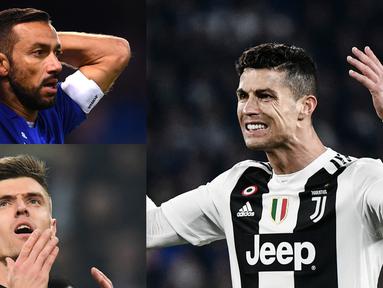 Penyerang Juventus, Cristiano Ronaldo belum mampu menambah pundi-pundi gol hingga pekan ke-29. Hingga saat ini Ronaldo bersama Piatek dan Zapata mengoleksi 19 gol, tertinggal dua gol dari pemuncak saat ini, Quagliarella (Kolase Foto AFP)