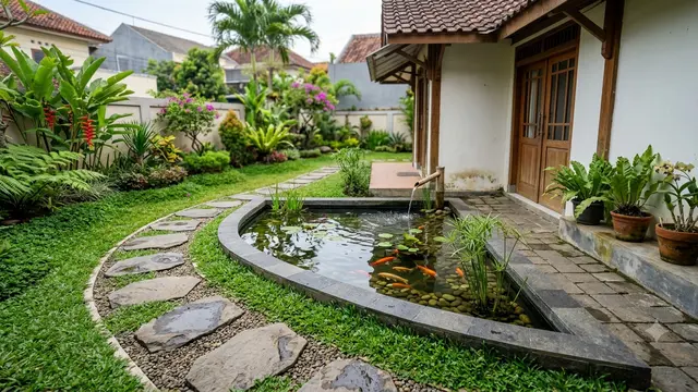 Inspirasi Kolam Sudut Berbentuk Segitiga dengan Desain Minimalis yang Bikin Halaman Kecil Terasa Luas dengan Jalur Batu