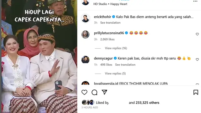 Unggahan Erick Thohir menanggapi aksi Menteri PUPR Basuki Hadimuljono. (Instagram/ erickthohir)