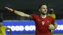 Striker Indonesia, Ilija Spasojevic, melakukan selebrasi usai mencetak gol ke gawang Guyana pada laga persahabatan di Stadion Patriot, Bekasi, Sabtu (25/11/2017). Indonesia menang 2-1 atas Guyana. (Bola.com/M Iqbal Ichsan)