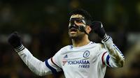 Ekspresi striker Chelsea, Diego Costa, setelah mencetak gol ke gawang Norwich City dalam laga Liga Inggris di Stadion Carrow Road, Norwich, Rabu (2/3/2016) dini hari WIB. (AFP/Ben Stansall)