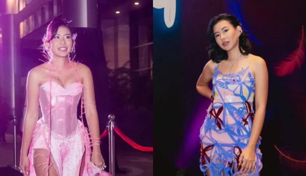Shenina mengenakan dua busana berbeda saat  konferensi pers dan gala premier. Busana yang dikenakan olehnya terlihat unik.  (@shenacinnamon)