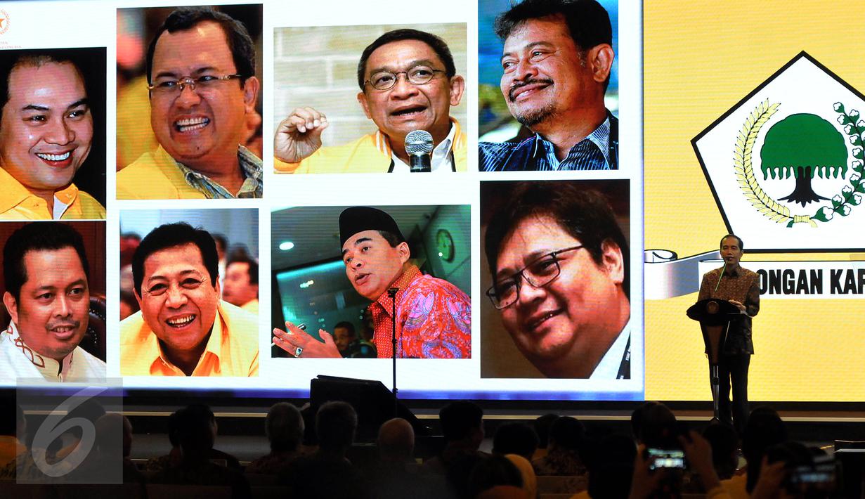 Presiden Joko Widodo (Jokowi) menyampaikan sambutan pada pembukaan Munaslub Partai Golkar di Nusa Dua Convention Center, Bali, Sabtu (14/5). Pemilihan Ketua Umum dan Munaslub Golkar dilaksanakan pada 14-16 di Pulau Dewata (Liputan6.com/Johan Tallo)