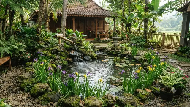 Tanaman air yang cocok untuk kolam mini bergaya Jepang model dengan iris air