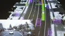 Video yang diambil Google self-driving car, inset, digabungkan dengan adegan jalan yang sama sebagai data yang divisualisasikan dengan mobil selama presentasi di media prototipe kendaraan otonom Google, California, AS (29/9/2015). (REUTERS/Elia Nouvelage)