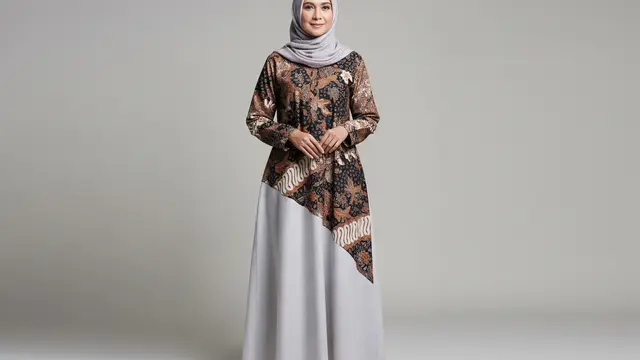 Gamis Batik Kombinasi dengan Bahan Katun Linen