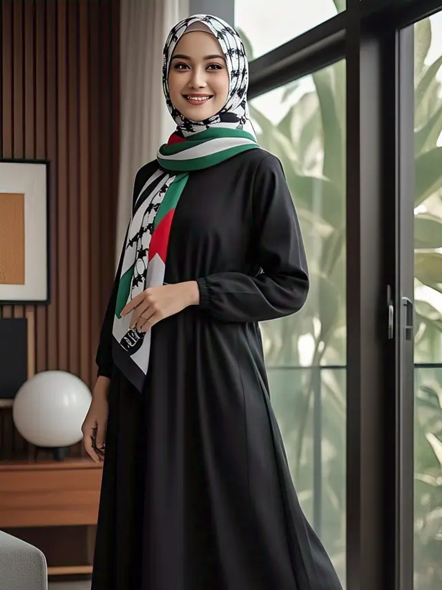 Kombinasi Gamis Hitam dan Hijab Palestina 2025