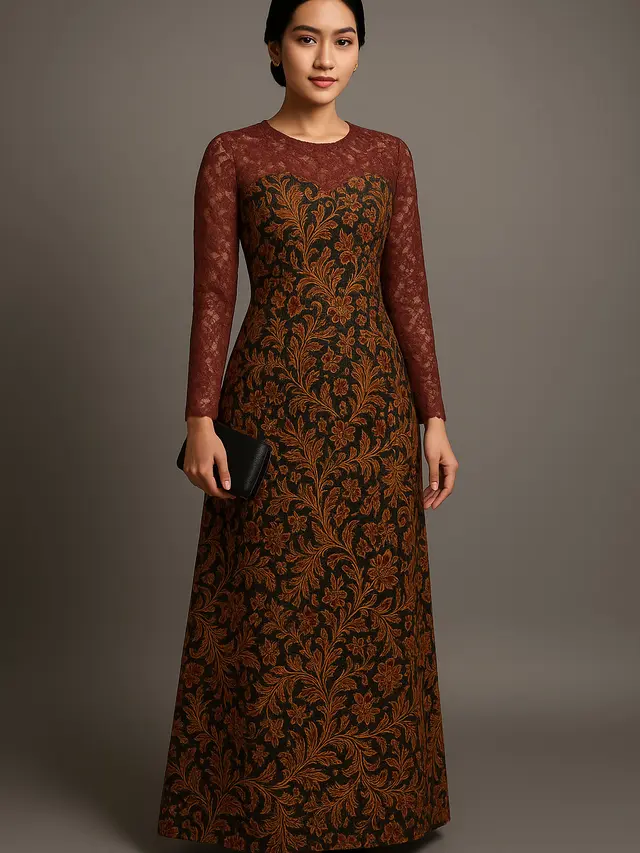 7 Model Long Dress Batik Kombinasi Brokat Lengan Panjang, Anggun dan Elegan di 2025