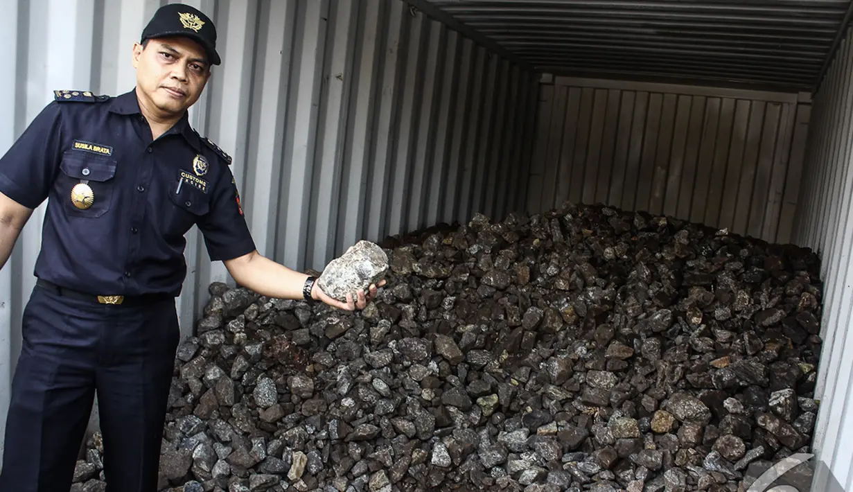 Petugas Bea dan Cukai menunjukan barang bukti berupa minerba ilegal, Tanjung Priok, Jakarta, Rabu (5/11/2014) (Liputan6.com/Faizal Fanani)