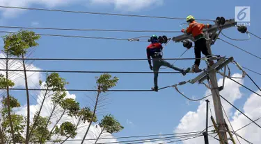 Petugas PLN memperbaiki jaringan listrik di Palu, Sulawesi Tengah, Sabtu (6/10). PT Perusahaan Listrik Negara (PLN) memastikan kondisi listrik di Kota Palu semakin membaik pasca gempa dan tsunami. (Liputan6.com/Fery Pradolo)