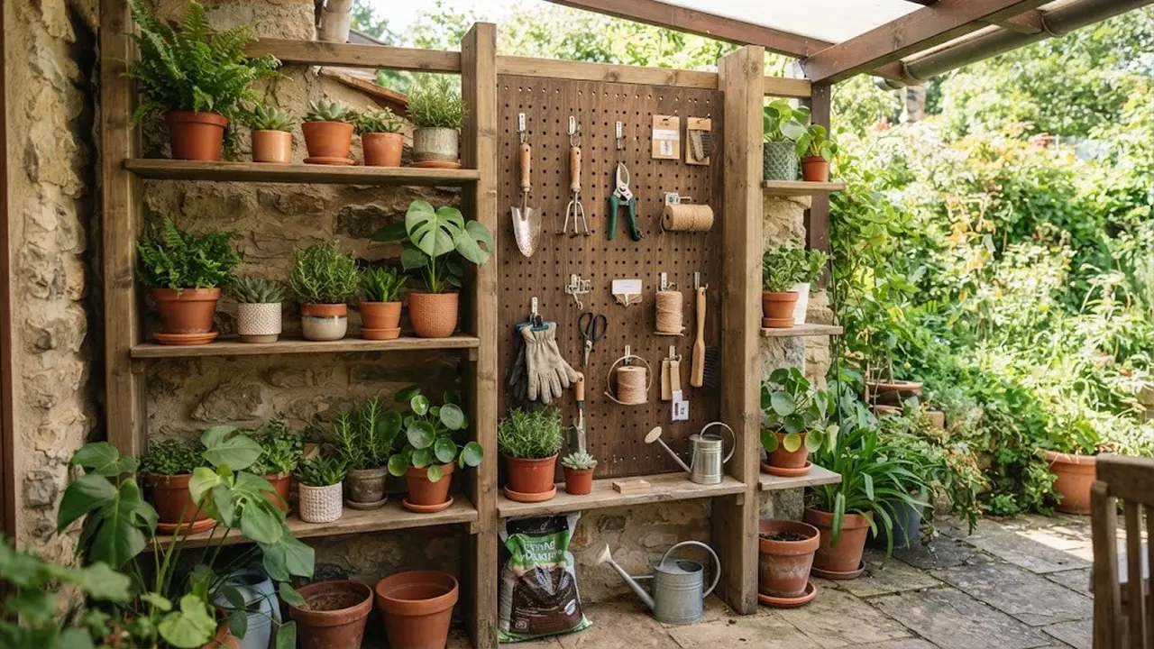 Rak Tanaman dengan Panel Pegboard untuk Peralatan Kebun