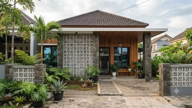 Model Fasad Rumah dengan Perpaduan Roster dan Batu Andesit yang Elegan