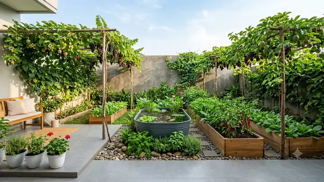 Ide Halaman Produktif dengan Pagar Buah, Kebun Sayur, dan Kolam Ember. Gemini