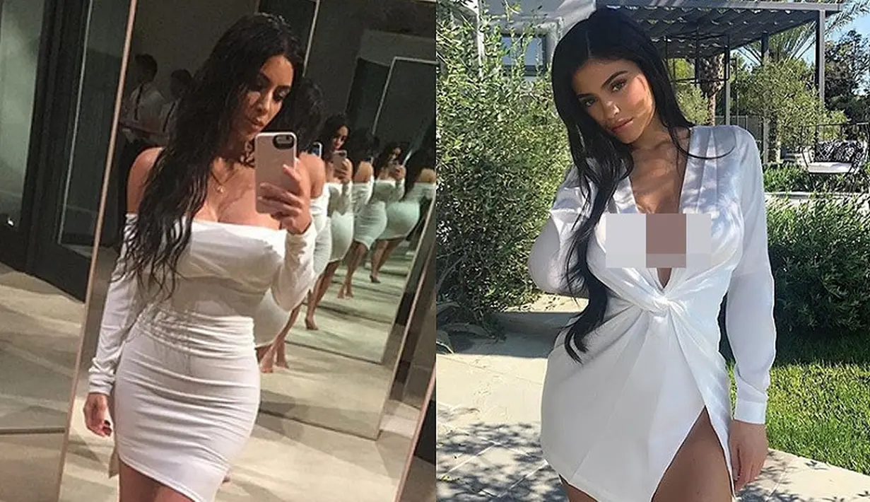 Nah kalau ini saat Kim Kardashian dan Kylie Jenner dibalut dengan dress berwarna putih. Meski keduanya terlihat cantik, mana yang kamu suka? (HollywoodLife)