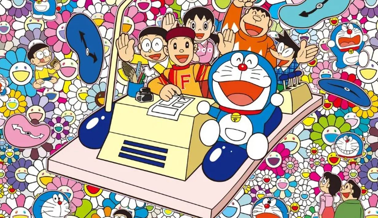 Salah satu gambar Doraemon yang ikonik, di mana bersama Nobita, Shisuka, Giant, dan Suneo tengah berada di mesin waktu. (Foto: klook.com)