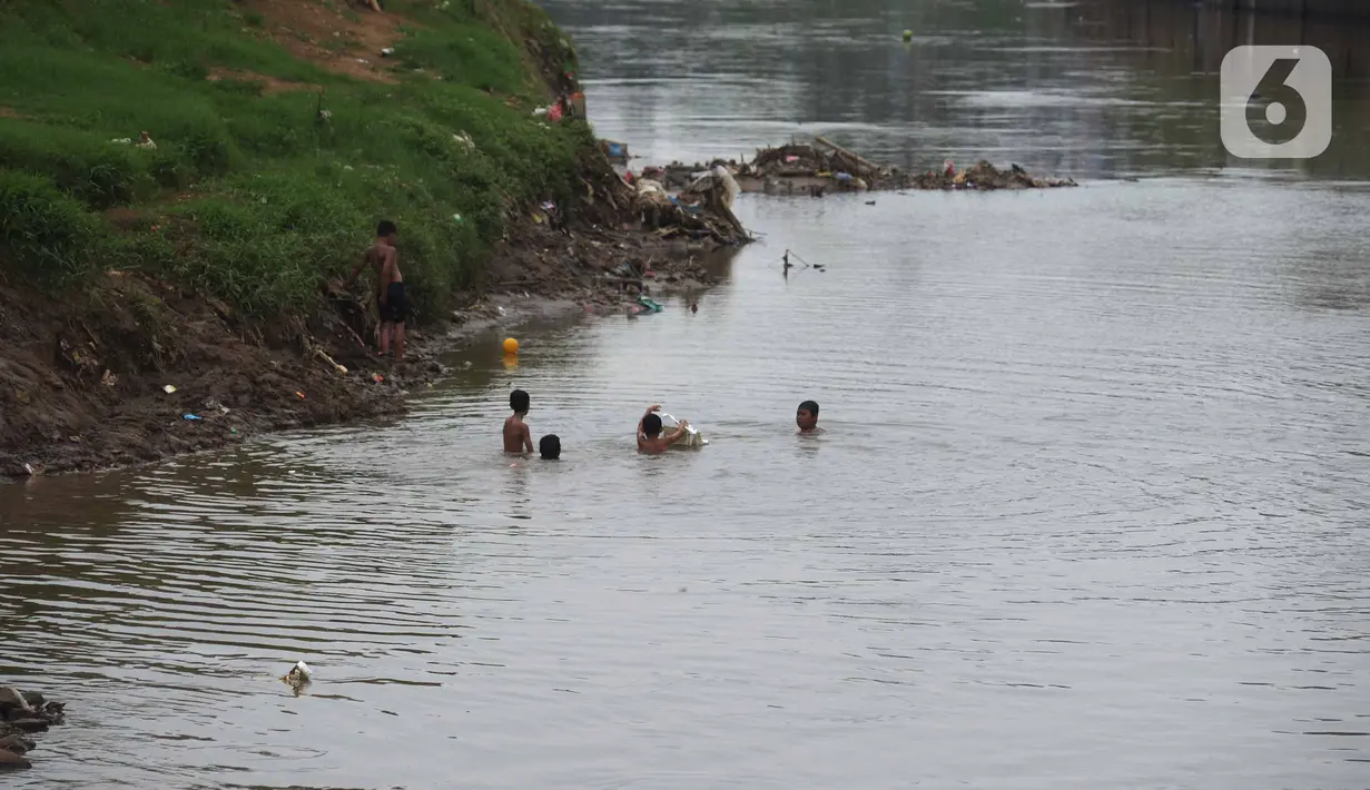 Sejumlah anak berenang di aliran Kali Ciliwung, Kampung Pulo, Jakarta, Jumat (2/12/2022).Minimnya lahan bermain menyebabkan anak-anak tersebut bermain tidak pada tempatnya, meskipun dapat membahayakan keselamatan. (merdeka.com/Imam Buhori)