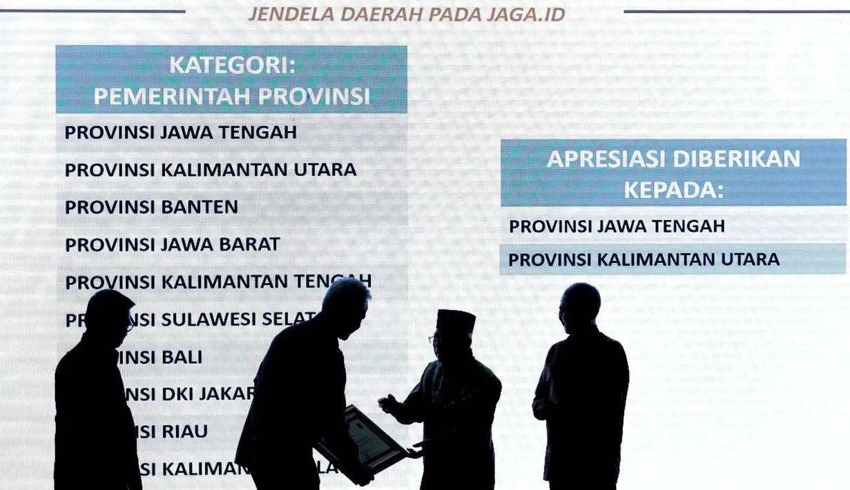 Wakil Presiden Ma'ruf Amin memberikan penghargaan kepada Gubernur Jawa Tengah, Ganjar Pranowo saat acara Hari Anti Korupsi Dunia (Hakordia) 2019 di Gedung Penunjang KPK, Jakarta, Senin (9/12/2019). Hari Antikorupsi Sedunia diperingati setiap 9 Desember. (Liputan6.com/Faizal Fanani)