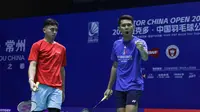 Pebulu tangkis ganda putra Indonesia Fajar Alfian/Muhammad Rian Ardianto&nbsp;menghadapi finalis Kejuaraan Dunia 2023 Kim Astrup/Anders Skaarup Rasmussen asal Denmark pada babak pertama China Open 2023. Pertandingan berlangsung di Changzhou Olympic Sports Center Gymnasium, Selasa, 5 September 2023. (foto: PBSI)