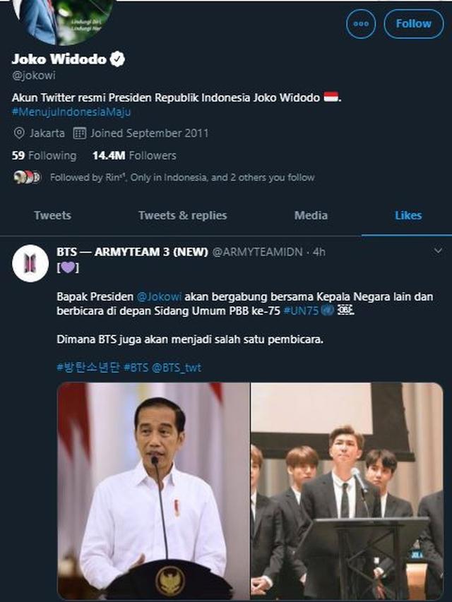 Akun Presiden Joko Widodo Nge-like unggahan Army Indonesia (Tangkapan layar Twitter/ jokowi)