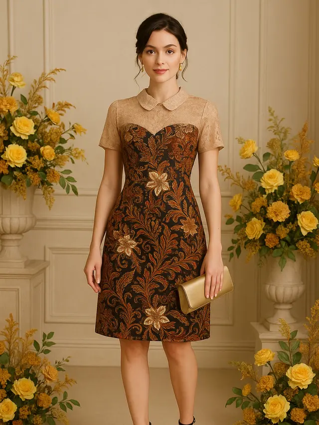 Model Dress Batik Kombinasi Brokat Lengan Pendek