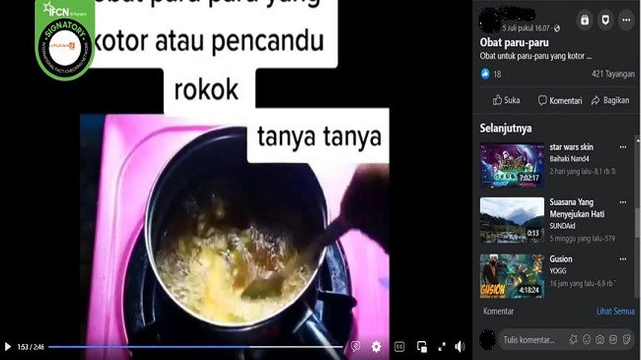 Gambar Tangkapan Layar Klaim Minum Air Rebusan Bawang Merah, Kunyit, dan Bisa Bersihkan Paru-paru yang Kotor Akibat Rokok (sumber: Facebook).