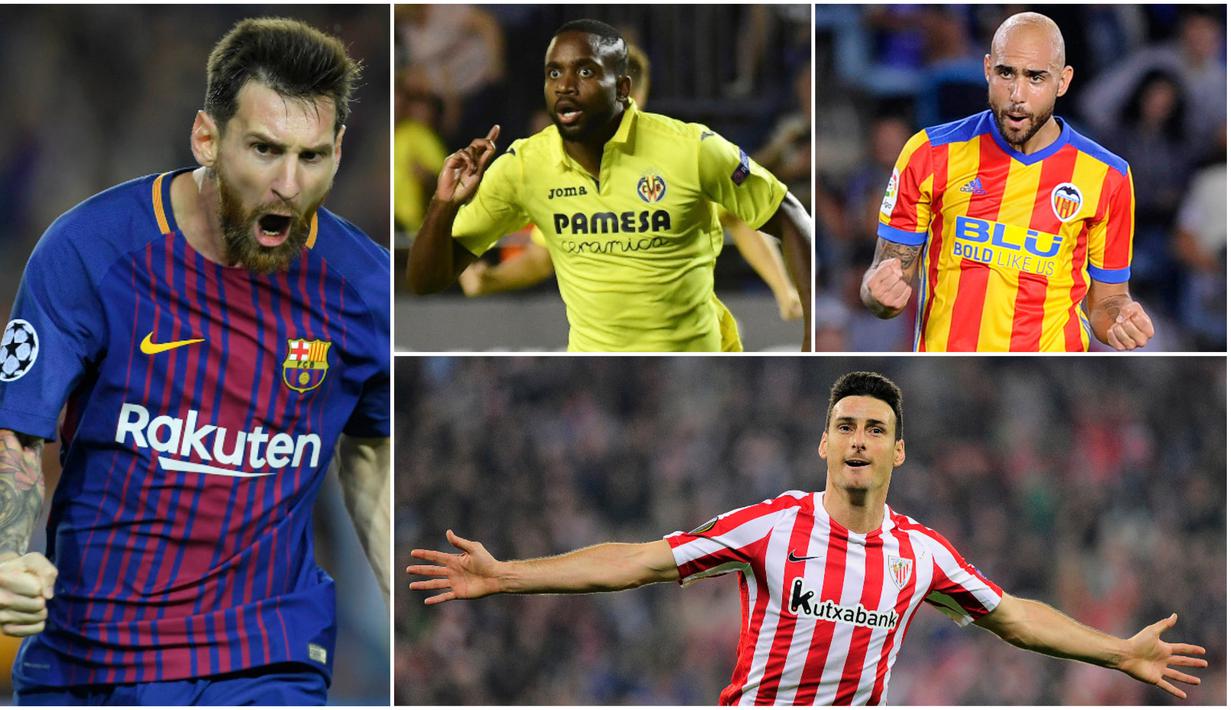 Berikut ini deretan top scorer La Liga Spanyol 2017/2018 hingga pekan ketujuh. Lionel Messi semakin menjauh dari pesaingnya di daftar pencetak gol terbanyak sementara  La Liga. (Kolase foto-foto dari AFP)