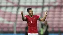Ekspres Ahmad Nufiandani setelah mencetak gol kedua Indonesia U-23 ke gawang Kamboja U-23. (Bola.com/Arief Bagus)