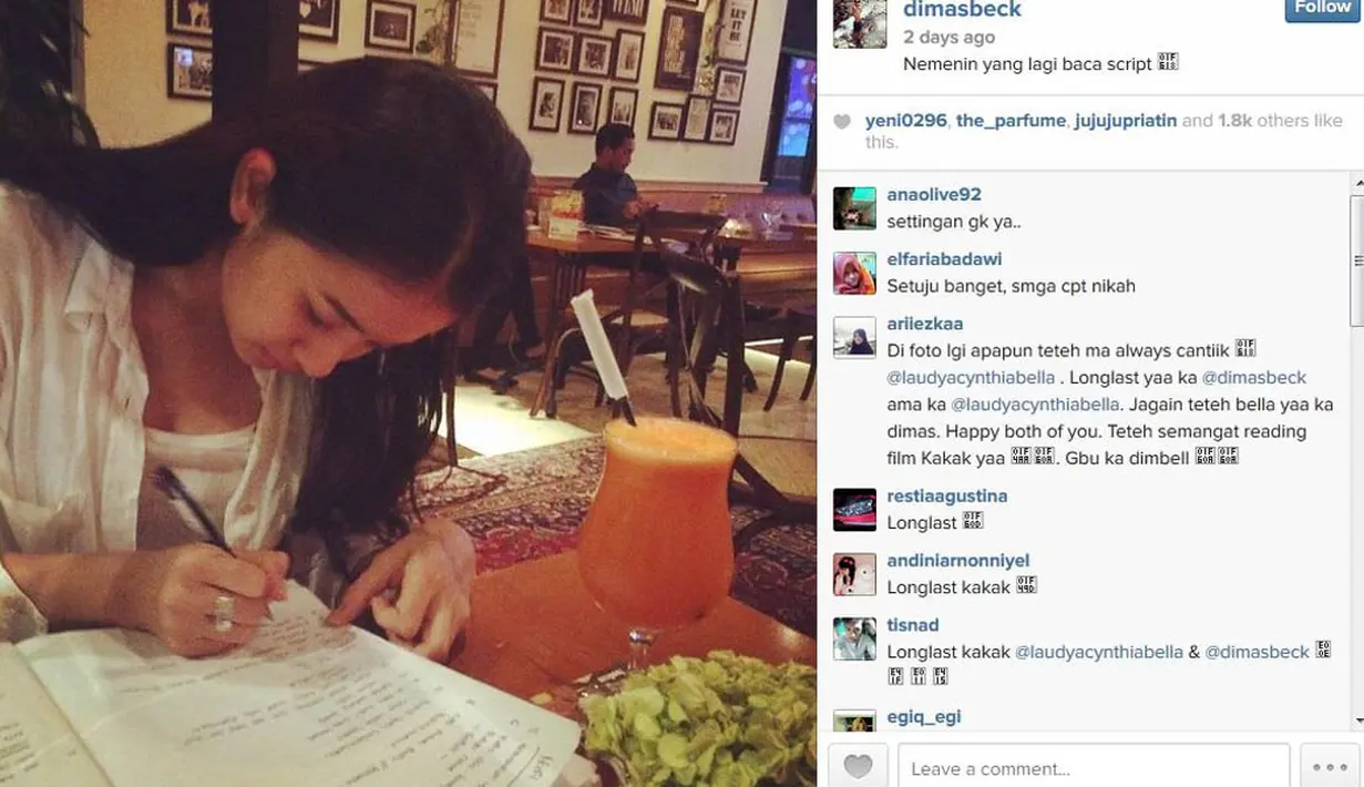 Di akun Instagramnya, Dimas Beck pernah mem-posting foto Bella yang tengah membaca naskah di sebuah restoran. (instagram.com/dimasbeck)