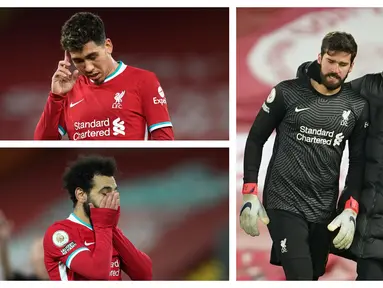 Berbagai ekspresi dari skuad Liverpool terekam di tengah dan di akhir pertandingan saat kalah 0-1 dari Burnley dalam laga lanjutan Liga Inggris 2020/21, Kamis (21/1/2021) yang menandai putusnya rekor 68 laga tak terkalahkan di Anfield Stadium. (Kolase Foto AFP)