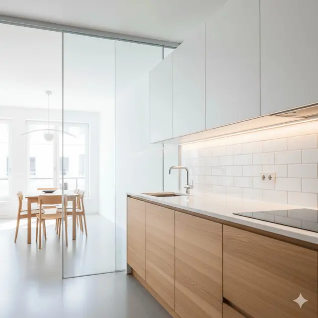 Desain Dapur Rumah Type 36 Ukuran 2x2 Meter dengan Partisi Kaca Geser ke Ruang Makan by Gemini