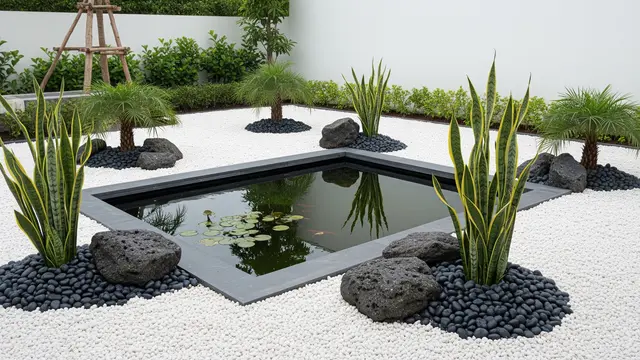 Inspirasi Taman Kering Kombinasi Kolam Ikan yang Mudah Dirawat (AI)