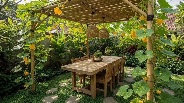 6 Inspirasi Kebun Labu Kuning Rambat di Kanopi Bambu untuk Peneduh Halaman