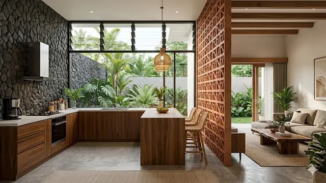 Desain Dapur Bergaya Tropis Modern Kombinasi Roster dan Batu Alam