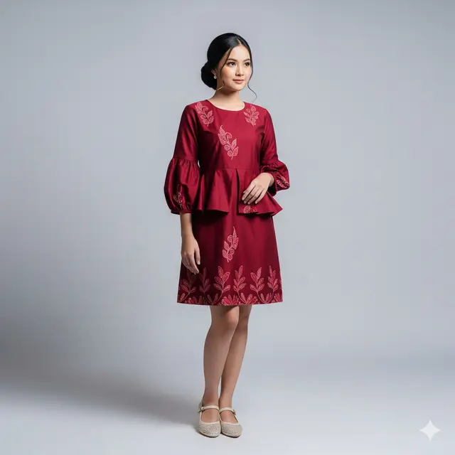 Model Dress Batik Mini Lengan Balon Motif Sederhana. Gemini