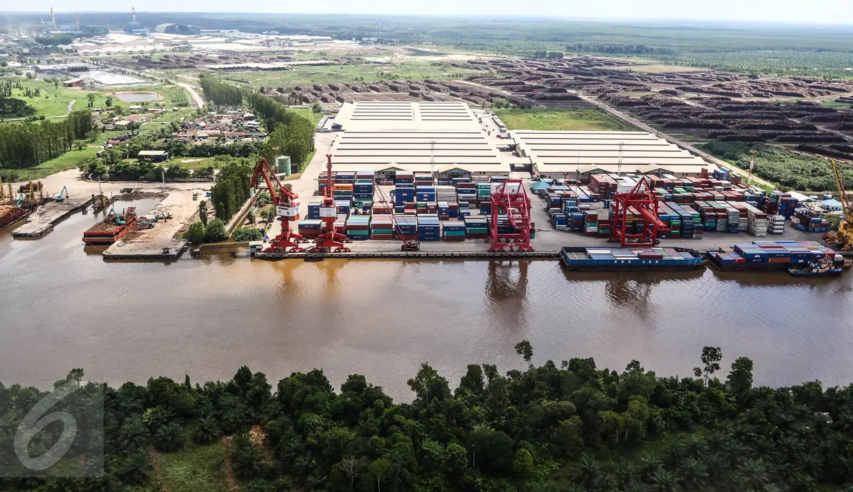 Aktivitas bongkar muat kapal saat bersandar di Pelabuhan PT. Indah Kiat Pulp and Paper, Kabupaten Siak, Riau, dari helikopter, Senin (18/07). Pelabuhan tersebut mampu menampung 15 kapal saat bersandar. (Liputan6.com/Fery Pradolo)