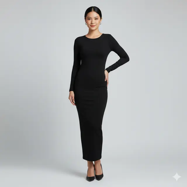 Model Long Dress Bahan Spandeks dengan Potongan Bodycon Simpel. Gemini