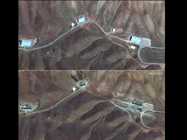 Kombinasi gambar yang dibuat pada 17 Juni 2025 dengan menggunakan citra satelit yang dirilis oleh Maxar Technologies ini menunjukkan bangunan penyimpanan di fasilitas rudal Tabriz di Tabriz, Iran, pada 29 Mei 2025 (atas) dan pada 17 Juni 2025 setelah dihantam serangan udara Israel. (Foto oleh Citra satelit ©2025 Maxar Technologies/AFP)