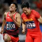 Pelari Indonesia, Lalu Muhammad Zohri, saat berlaga pada nomor 100 meter Asian Games di SUGBK, Jakarta, Minggu (26/8/2018). Lalu Zohri finish diurutan ke tujuh dengan catatan waktu 10,20 detik. (Bola.com/Peksi Cahyo)