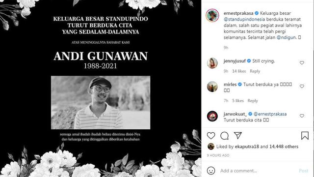 Ernest Prakasa berduka atas meninggalnya komika Andi Gunawan