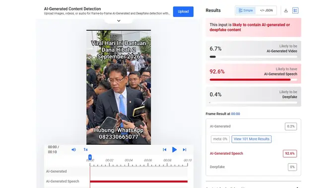 Video dan audio klaim Menkeu Purbaya mengumumkan bantuan dana hibah menunjukkan hasil AI. (Foto: tangkapan layar Hive Moderation)
