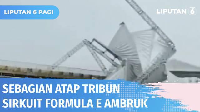 Sebagian atap tribun penonton di Sirkuit Formula E ambruk. Kerangka besi penyangga atap juga tampak miring. Ketua Panitia Formula E, Ahmad Sahroni mengungkapkan tribun ambruk saat hujan deras mengguyur Jakarta.