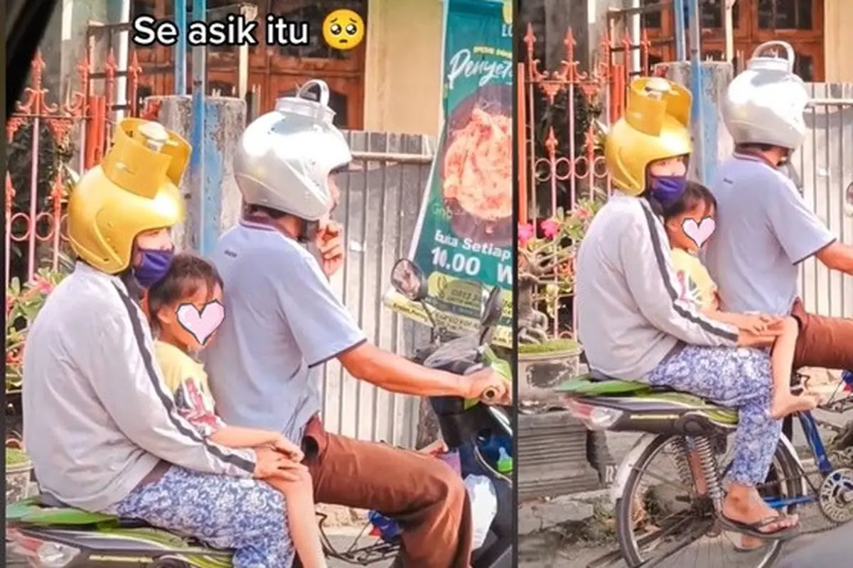 Pakai Helm Unik, Pasutri Ini Berboncengan Naik Sepeda yang Dirakit Bak Motor
