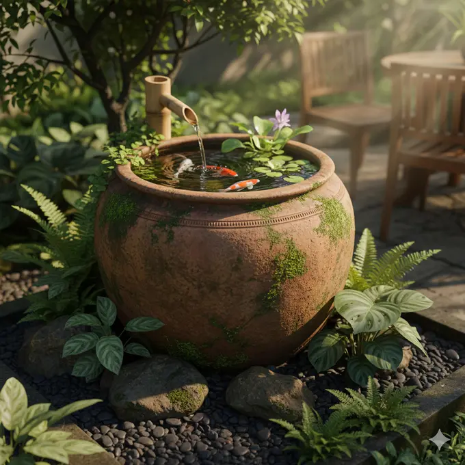 Kolam Ikan Mini dari Gentong Tanah Liat