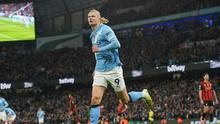 Selebrasi Erling Haaland (Manchester City)  setelah mencetak gol pembuka timnya ke gawang Bournemouth dalam laga Liga Inggris di Etihad Stadium, 2 November 2025. (AP Photo/Ian Hodgson)